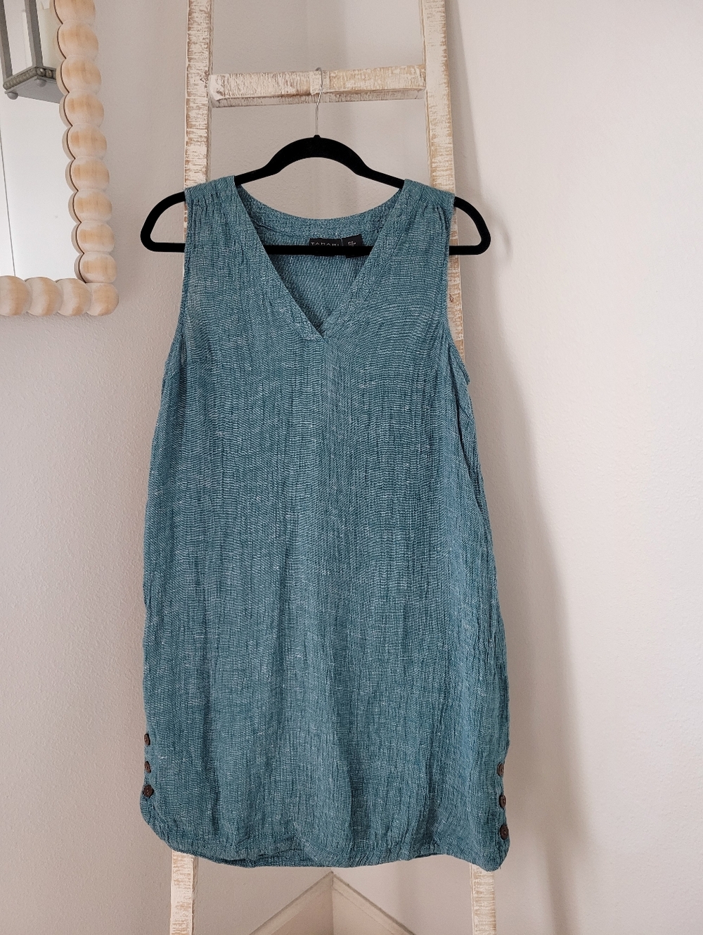 Tahari 100% Linen Vneck Dress Cover Up Sz Med, Teal Blue Green - Picture 2 of 6